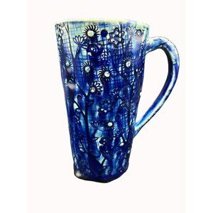 Handmade Crawford Pottery Mug Blue Green Floral Design Signed